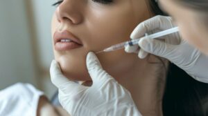 Woman receiving injection to reduce the appearance of nasolabial folds