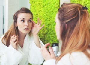 Woman looking at herself in mirror, noticing fine lines and wrinkles